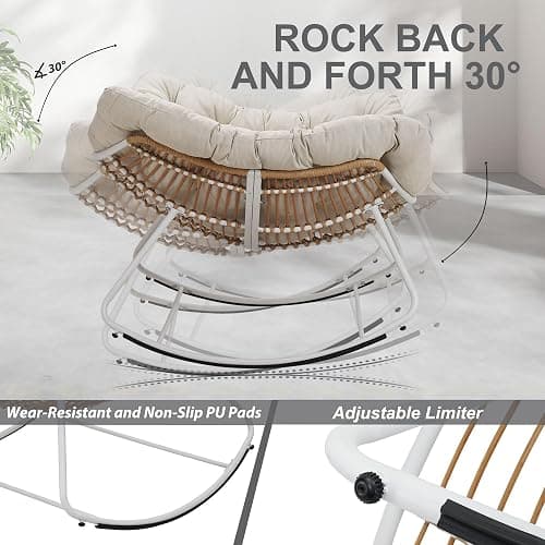 ZJEYEJZ Outdoor Rocking Chair, Oversized Rattan Papasan Rocking Chair, Patio Wicker Egg Chair with Padded Cushion, Rocker Egg Chair for Living Room, Patio, Front Porch, Backyard thumbnail 4