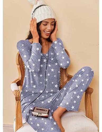 Ekouaer Womens 2 Pack Pajama Set Long Sleeve Pajamas Top and Pants V Neck Pjs Set Soft Sleepwear Loungewear thumbnail 2