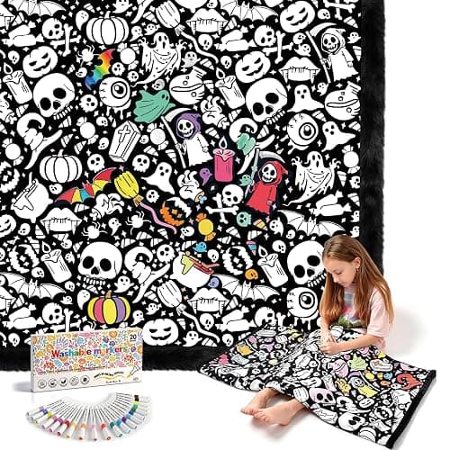 ROYAMOON Halloween Boo Washable Coloring Blanket Kit for Kids & Adults | 20 Washable Markers, 40x60 Inch, Ages 3+, Reusable Arts and Crafts Gift, Ideal for Family Decor, Daily Use and Travel - Image 1
