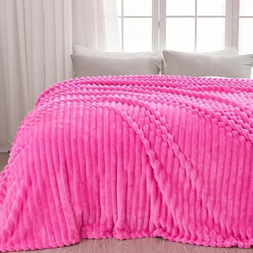 NEWCOSPLAY Super Soft Twin Blanket Hot Pink Premium Silky Flannel Fleece 3D Ribbed Jacquard Lightweight Bed Blanket All Season Use (Hot Pink Ribbed, Twin(60"x80")) thumbnail 10