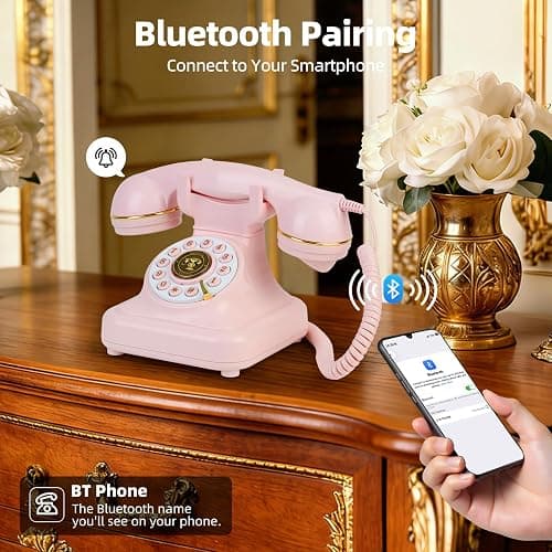 Vintage Bluetooth Phone, Retro Desk Telephone with Gold Accents, Loud Nostalgic Ringtones, Bluetooth Connects to Smartphone for Home & Office, Pink thumbnail 3