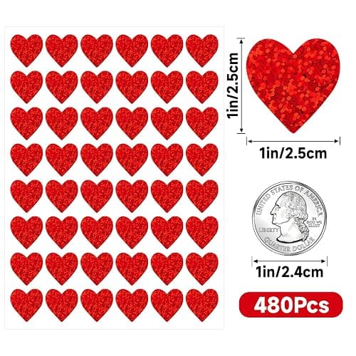Anwyll Heart Stickers - Glitter Red Heart Stickers 480Pcs 1Inch Love Sticker Self-Adhesive Valentines Day Hearts Shaped Sticker for Kids Classroom Reward Envelope Seal Birthday Wedding Favor thumbnail 3