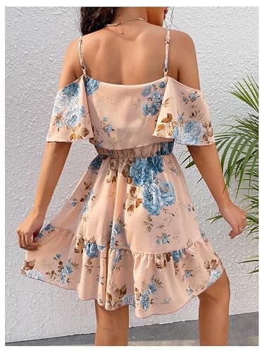 SOLY HUX Women's Boho Floral Print Cold Shoulder Dress Short Sleeve Ruffle A Line Vacation Elegant Mini Dresses thumbnail 3
