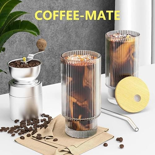 CWHHRN 16OZ Ribbed Glass Cups with Lids and Straws 4 Set, Vintage Glassware for Whiskey Cocktail Beer, Iced Coffee Cups with Lid, Glass Tumbler with Straw and Lid (4 PACK) thumbnail 2