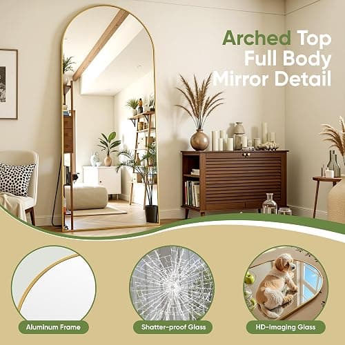 Furnbar Full Length Mirror, 64"x21" Arched Full Body Mirror, Floor Mirrors with Stand, Standing Hanging Leaning Against Wall,Aluminum Frame Mirrors for Bedroom Cloakroom,Living Room,Gold thumbnail 7