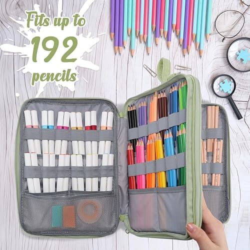 VASCHY Trousse Crayon de Couleur, Grande Trousse 192 Slots en Velours Côtelé Portable Multi-Poches Feutres Stylos Aquarelle avec Anse Amovible pour Homme Femme Fille Artiste Vert Clair thumbnail 5