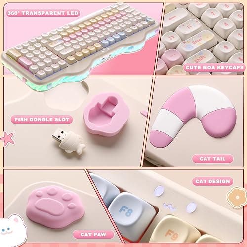 YUNZII C98 Drahtlose Mechanische Tastatur mit Nummernblock,BT5.0/2,4G/USB-C,Hot-Swap Gasket Mount,PBT MOA-Tastenkappen,RGB, Niedliche Kuchen Tastatur für Windows/Mac (Beige, Milk V2 Linear Switch) thumbnail 8