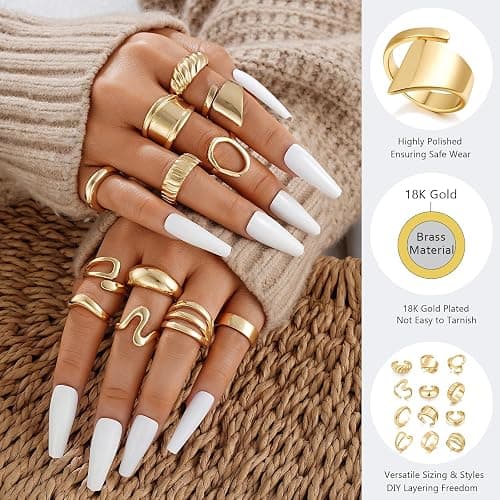 17 MILE Chunky Gold Stackable Rings for Women Non Tarnish, 18K Gold-Plated Statement Open Stacking Rings, Knuckle Band Ring Set thumbnail 4