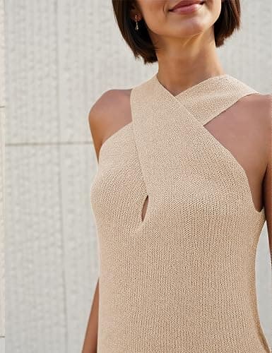 Yeokou Women Halter Cross Over Collar Tank Knit Sleeveless Top Solid Color Casual Summer Blouse thumbnail 2
