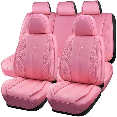 CAR PASS Nappa Pink PU Leather Car Seat Covers Full Set Cute for Women Waterproof Cushioned,Universal Fit for Sedan SUV Pick-up Truck,Automotive, Anti-Slip Front and Backseat Luxury Premium (Pink) - Image 1