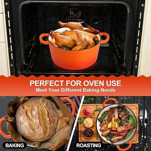 P&P CHEF 6QT Enameled Dutch Oven, Cast Iron Dutch Oven Pot with Lid for Bread Baking, Enameled Casserole Pot for Roasting Braising Stewing Frying Simmering, Various Stoves & Easy Clean, Orange thumbnail 7
