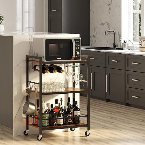TUTOTAK Bar Cart, Serving Cart for Home, Microwave Cart, Drink Cart, Mobile Kitchen Shelf with Wine Rack and Glass Holder, Rolling Beverage Cart BC01BB030 thumbnail 3