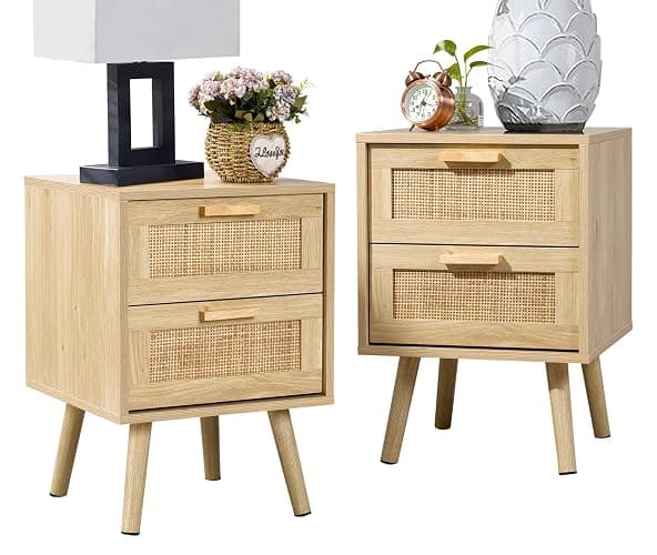 Finnhomy Nightstands Set of 2, Night Stands Set 2 with Hand Made Rattan Decorated Drawers, Nightstand, End Table, Bedside Tables Set of 2 for Bedroom, Natural, 2 Pack - Image 1