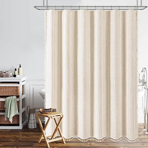 BTTN Boho Farmhouse Shower Curtain, Linen Rustic Weighted Striped Cloth Shower Curtain Set with Tassel, Water Repellent, Bohemian Vintage Country Fabric Shower Curtain for Bathroom, Cream/Beige, 72x72 thumbnail 8