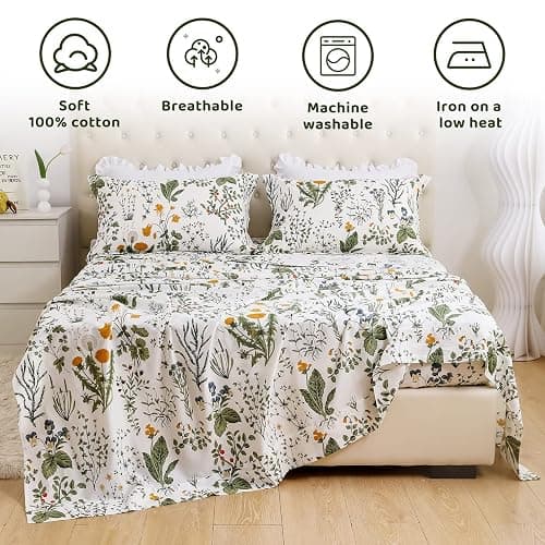 QSH 100% Cotton Sheets for King Size Bed, Yellow Flowers Plant Pattern Botanical Luxury Cotton Printed Floral Bedding King Size Sheet with Deep Pockets 17" Soft and Breathable 4pcs thumbnail 3