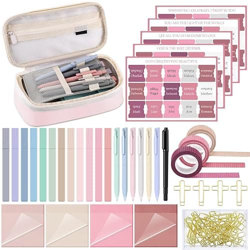 Dunzoom 33 Pcs Bible Study Supplies Kit for Women Bible Journaling Kit Christian Gifts No Bleed Highlighters Pens Case Tabs Tapes Sticky Notes Paper Clips Markers for Students Beginner(Pink) - Image 1