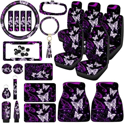 Tallew Butterfly Seat Full Set for Women Butterfly Universal Car Accessories Rubber Steering Wheel Cover License Plate Frame Mirror Covers 26 Pcs Fit Car SUV Auto(Purple Style) - Image 1