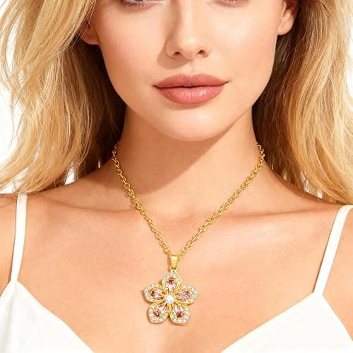 Spinning Necklace Women Gold Plated Flower Pink Crystal Pendant Necklace thumbnail 2