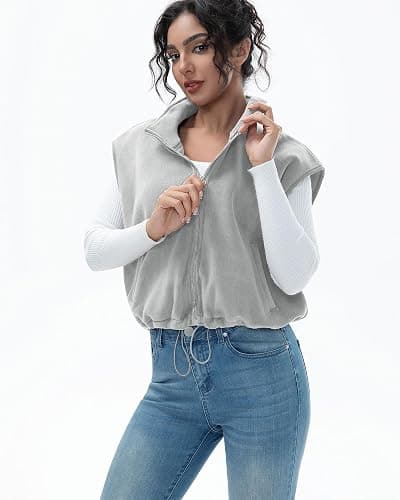 miswek Women's Full Zip Fleece Short Vest Warm Winter Sleeveless Stand Collar Sherpa Crop Coat thumbnail 3