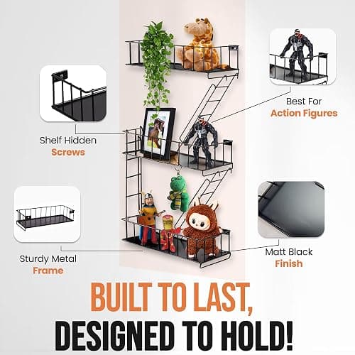 HouseofZizu Fire Escape Shelf, 3 Tier Action Figure Shelf with Screws & Screwdriver, New York Metal Decorative and Unique Rustic Trinket Shelves for Home Décor, & Bedroom, Black thumbnail 2