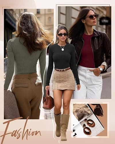 Ficerd 3 Pack Women's Ribbed Long Sleeve Tops, Crew Neck Slim Fit Undershirts Knit Basic Casual Stretch Layering Tee Shirts thumbnail 2