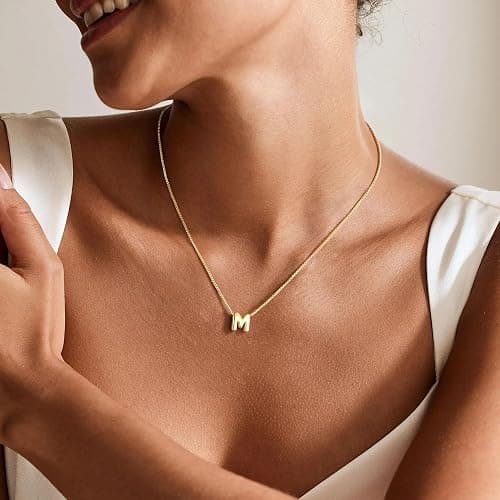 M MOOHAM Initial Necklace for Women Girls, Letter A-Z Box Chain Necklace | 14K Gold Plated Bubble Letter, Initial Necklace for Girls Women, Box Chain Necklace, Jewelry Birthday Gifts for Girl Kids thumbnail 3