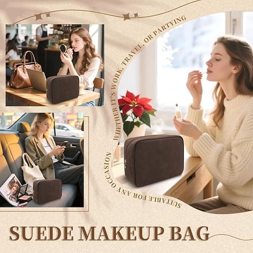 UIXIZQ Small Makeup Pouch for Purse, Suede Travel Toiletry Storage Pouch Cute Preppy Cosmetic Bag for Women Girls, Waterproof Makeup Organizer Skincare Bag Purse with Zipper (Small-Coffee) thumbnail 4