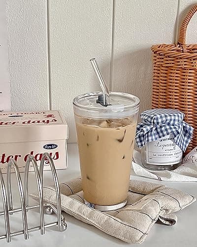 Olvini 15oz Glass Tumbler with Straw and Lid, Cute Iced Coffee Cups, Aesthetic Glass Cups, Coffee Tumbler, Water Cup, Matcha Cup, Drinking Glasses (Clear) thumbnail 5