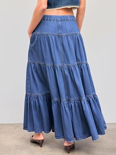 CIDER Women’s Long Jean Denim Tiered Button Down High Waisted Maxi Skirts thumbnail 4