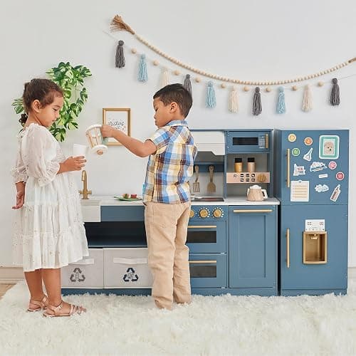 Teamson Kids Little Chef Atlanta Modular Wooden Play Kitchen, 3-Piece Pretend Set with 17 Accessories, Blue/White/Gold, Realistic Features for Toddlers & Kids, Cocina de Juguete Moderna thumbnail 4