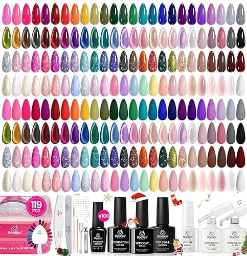 Beetles Nail Nook Gel Nail Polish Set - 119 PCS 100 Colors Gel Polish Kit Base Glossy Matte Glitter Top Coat Glitter Pearl Cat Eye White Red Pink Nude Uv Led Nails Gift for Women - Image 1