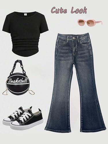 Peakpride Girls Jeans Flare High Elastic Waist Denim Pants Bell Bottom Stretch Cute Y2K Streetwear with Pockets 7-14Y thumbnail 6