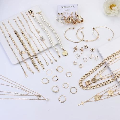 JeryWe 46 Stück Schmucksets für Damen mit 3 PCS Halskette 12 Stück Armbänder 9 Stk. Achsschenkel Ringe 10PCS Ear Cuff Ohrklemme Ohrringe und 12 Stk Vergoldete Ohrringe Schmuck-accessoires thumbnail 5