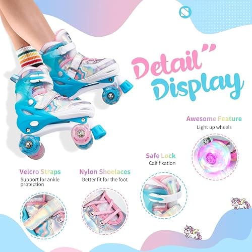 SULIFEEL Rainbow Unicorn 4 Size Adjustable Roller Skates for Girls Boys for Kids Ages 3-5 5-8 6-12 Children Skates Indoor Outdoor thumbnail 3