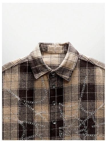 GORGLITTER Men's Gingham Cropped Shirt Button Up Y2K Rhinestone Short Sleeve Boxy Collared Plaid Streetwear Crop Tops thumbnail 3