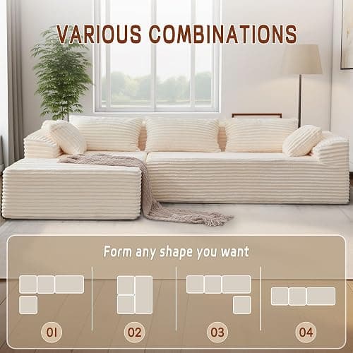 Korser 110" L-Shaped Modular Sectional Sofa with Chaise, Boneless Comfy Corduroy Fluffy Couch with Deep Seat and Side Pockets, Flexible Module Combination for Living Room, No Assembly, Side Pockets thumbnail 4