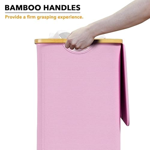 SpaceAid Laundry Hamper with Lid, 110L Large Tall Clothes Basket Bin with Bamboo Handles, Collapsible Laundry Hamper for Bedroom, Bathroom, Dorm, Laundry Room - Pink thumbnail 6