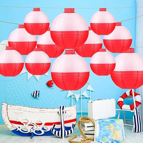 12 pcs Fishing Bobber Paper Lanterns Hanging Fish Shaped Ball Decorations Red and White Paper Lanterns for Fishing Themed Party Decorations Birthday Decor Supplies thumbnail 3