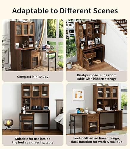 LUMISOL L Shaped Computer Desk with 90 Degree Rotating Desktop, Home Office Desk with Hutch & Bookshelf, Multi-Functional Woking Table with Storage Drawers for Study Room Office Living Room, Walnut thumbnail 6