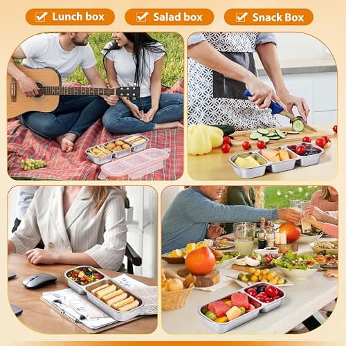 Etvski Stainless Steel Snack Box Container - 2 Pack Bento Box for Kids & Adults, 3 Compartment Leak-Proof Snack Containers with Lids (Orange) thumbnail 5