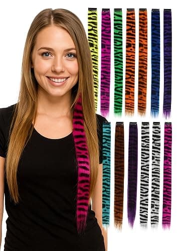 Suncalla 12 Pcs Stripe Printed Wig Piece Colorful Raccoon Tail Hair Extensions Synthetic Long Straight Clip-in Hair Extensions for Women Daily Use Halloween(18") thumbnail 3
