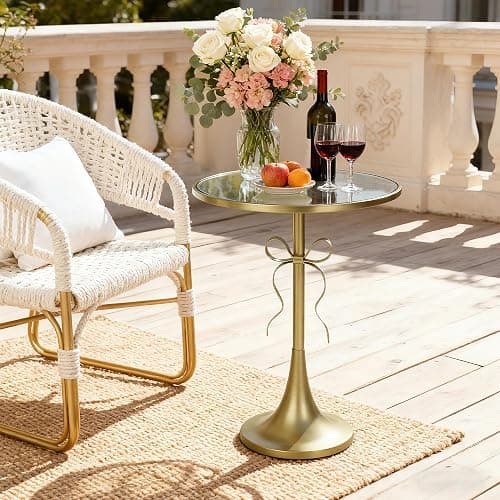 Aoligrace Gold Metal Side Table, Retro Bow Pedestal End Table with Mirror Tabletop, Decorative Martini Drink Table for Small Space, Living Room, Couch, Patio thumbnail 6