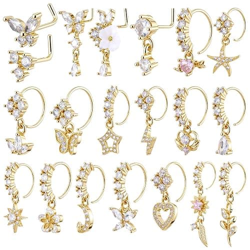 20pcs Dangle Nose Ring For Women 20g L Shaped Dangling Nose Stud Cz Heart Moon Star Butterfly Noses Rings Hoops Dangling Dangle Noses Piercing Jewelry - Image 1