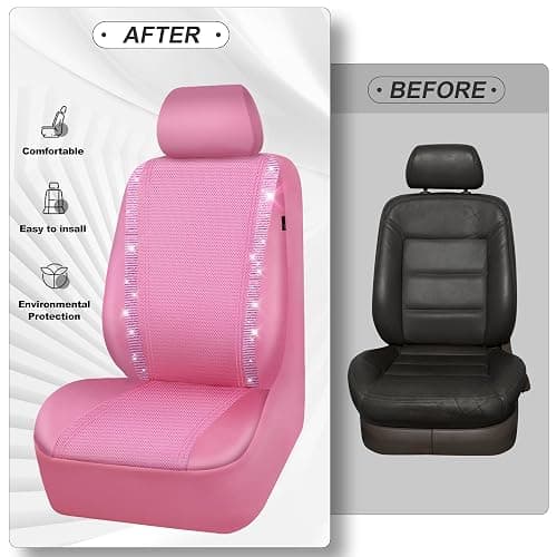 CAR PASS Bling Diamond Car Seat Covers, Shining Rhinestone Waterproof Faux Leather Pink Car Accessories Two Front Only Universal Fit Auto Glitter Crystal Sparkle Strips for Cute Women Girl, Pink thumbnail 6