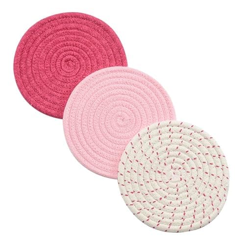 Kitchen Potholders Set Trivets Set 100% Pure Cotton Thread Weave Hot Pot Holders Set (Set of 3) Stylish Coasters, Hot Pads, Hot Mats, Spoon Rest For Cooking and Baking by Diameter 7 Inches (Pink) - Image 1