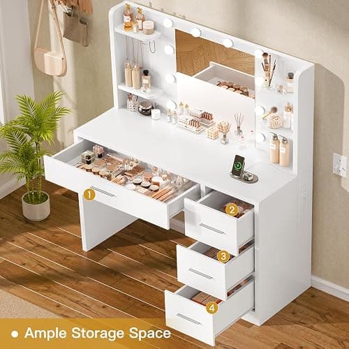 FIONESO Vanity Desk with Mirror and Lights, Makeup Vanity with Power Outlet and 4 Drawers & 6 Shelves & 5 Hooks, 3 Color Modes & Adjustable Brightness, White Vanity for Bedroom thumbnail 4