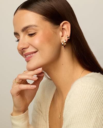 PAVOI 18K Gold Plated Small Hoop Earrings for Women, Earrings Piercing Pack | Hypoallergenic Earrings with 925 Sterling Silver Posts, Trendy Geometric Chunky Huggie Hoop Earrings thumbnail 4