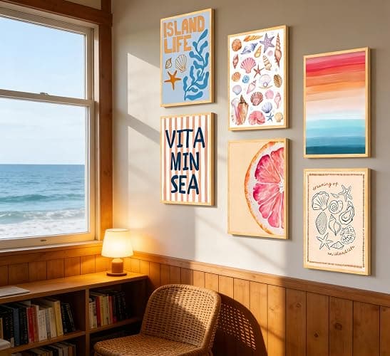 MBFKVFE 6 Pcs Coastal Wall Art, Colorful Beach Wall Decor with Seashell Starfish Coral and Grapefruit, Tropical Island Life Prints & Paintings for Bedroom Dorm Living Room 8x10 / 12x16 Inch Unframed thumbnail 3
