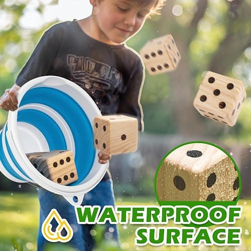 ropoda 3.5" Giant Wooden Yard Dice Set for Outdoor Fun, Barbeque, Party Events, Backyard Games, Lawn Games Includes 6 Dice, Collapsible Bucket, Score Cards & Dry Erase Marker thumbnail 4