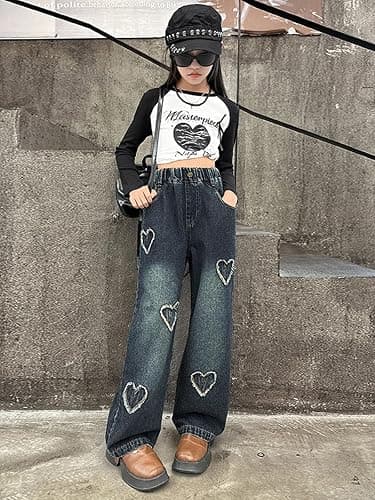 Rolanko Girls Jeans Bootcut Ripped Elasticated Waist Retro Style Denim Pants for Kids Fit - 6-7 Years - Blue Hairyheart thumbnail 4